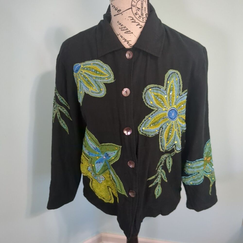 Mirasol Jacket Shirt Black Floral Sequin Bead Embroidery small vintage Y2k
